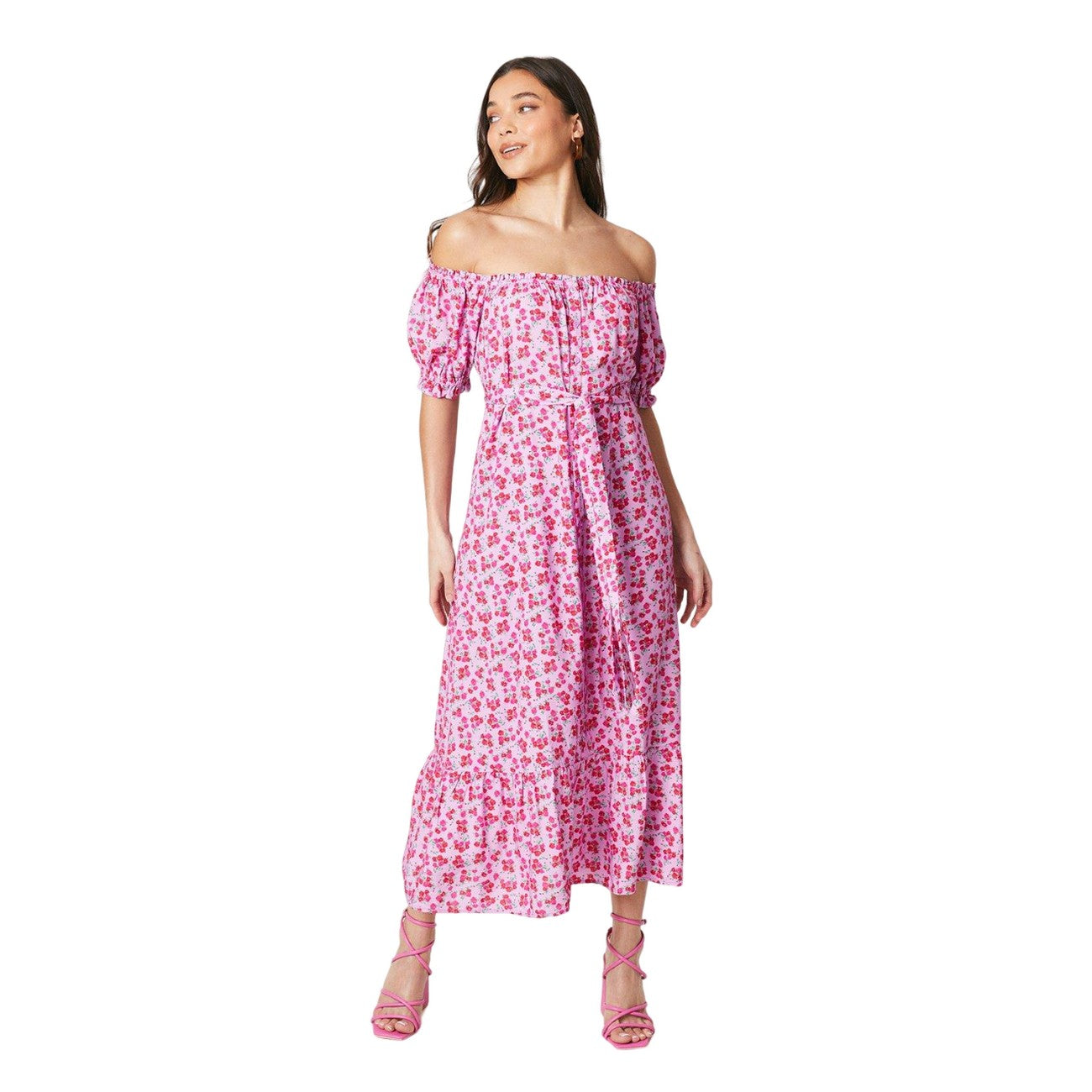 Pink - Front - Dorothy Perkins Womens-Ladies Ditsy Print Bardot Petite Midi Dress