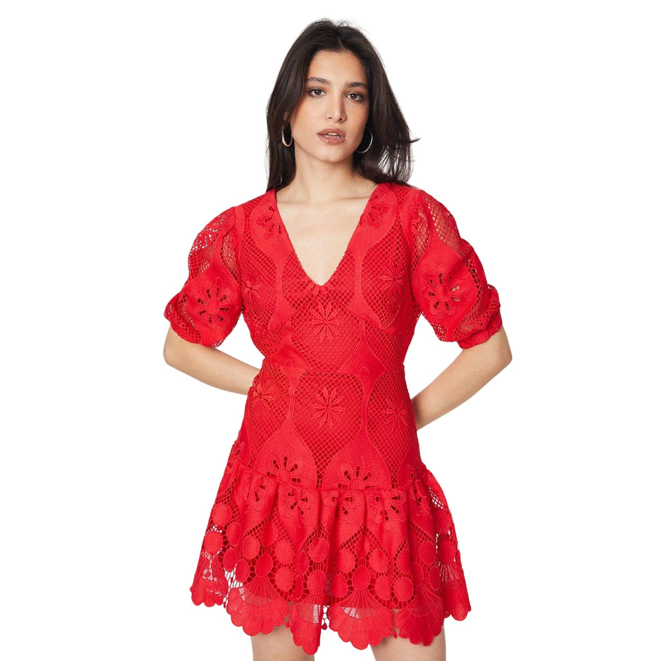 Red - Front - Dorothy Perkins Womens-Ladies Lace V Neck Mini Dress