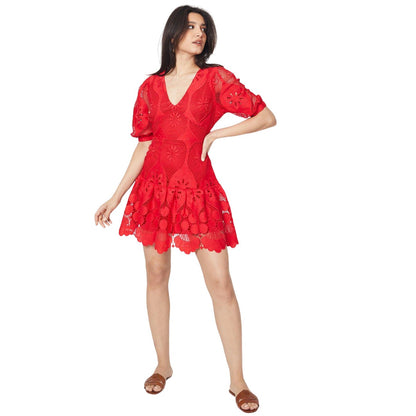 Red - Side - Dorothy Perkins Womens-Ladies Lace V Neck Mini Dress