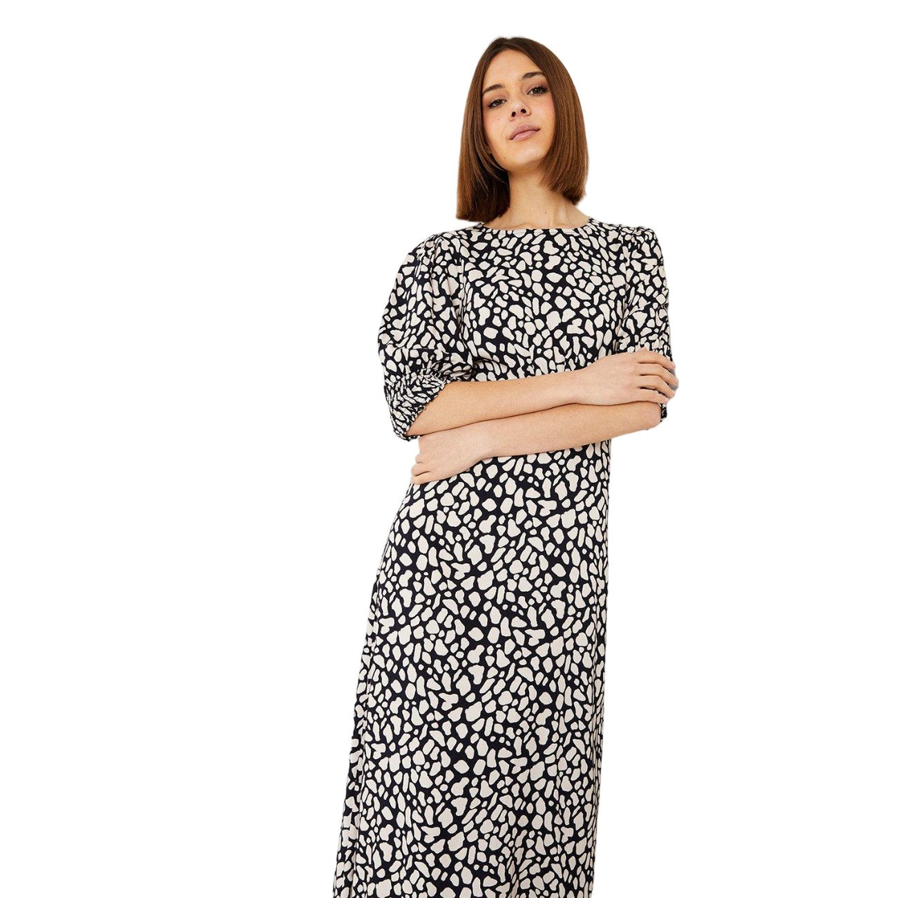Monochrome - Side - Dorothy Perkins Womens-Ladies Abstract Shirred Cuff Midi Dress