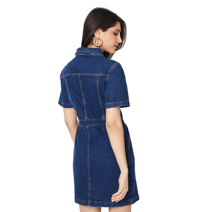 Indigo - Back - Dorothy Perkins Womens-Ladies Denim Short-Sleeved Mini Dress