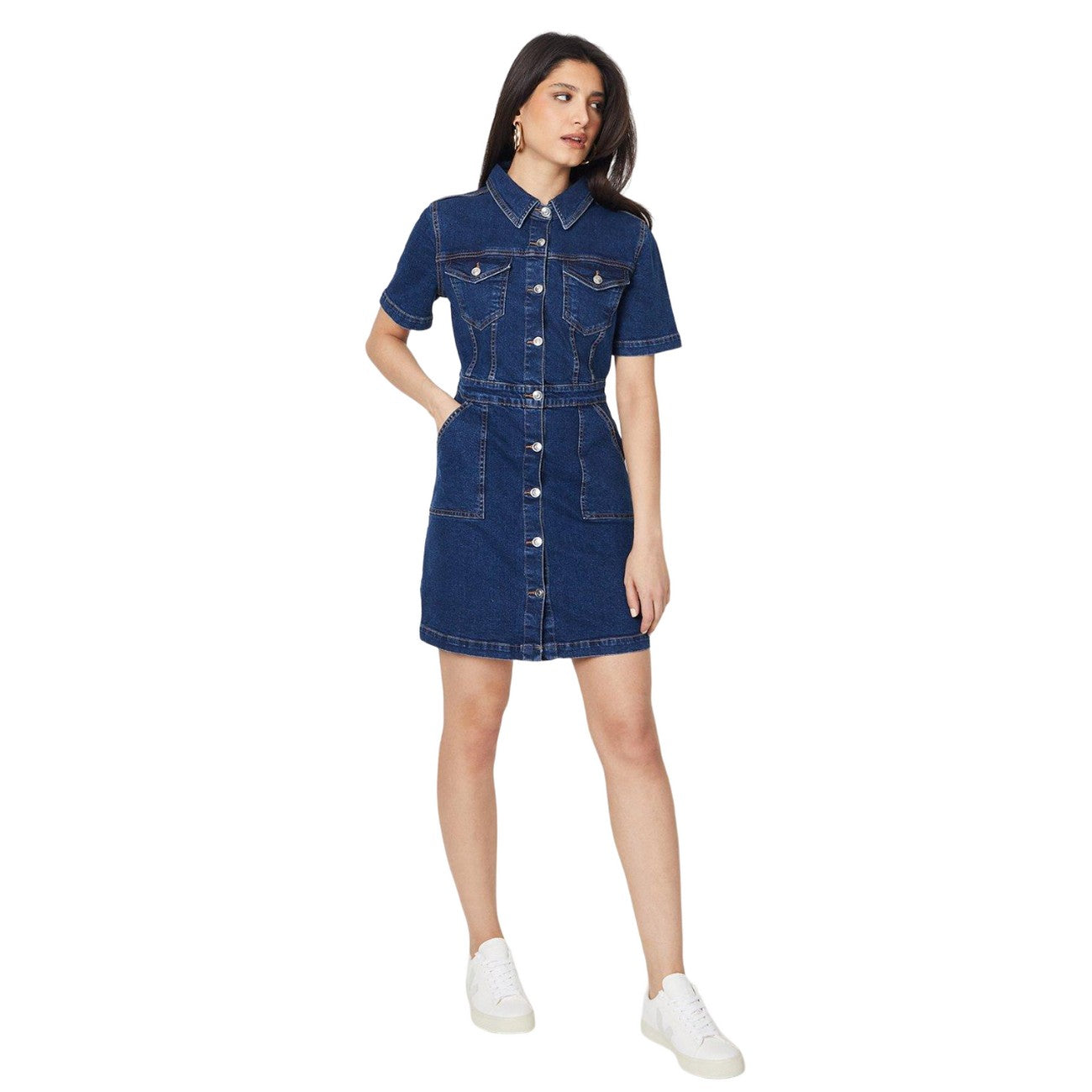 Indigo - Side - Dorothy Perkins Womens-Ladies Denim Short-Sleeved Mini Dress