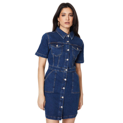 Indigo - Front - Dorothy Perkins Womens-Ladies Denim Short-Sleeved Mini Dress