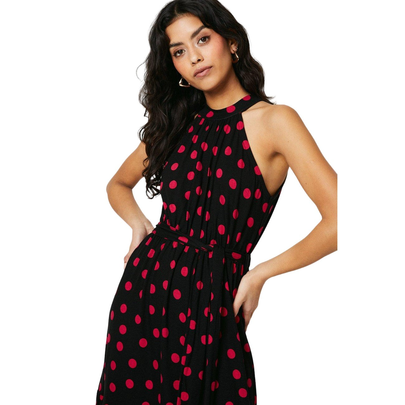 Black - Side - Dorothy Perkins Womens-Ladies Spotted Halter Neck Petite Midi Dress