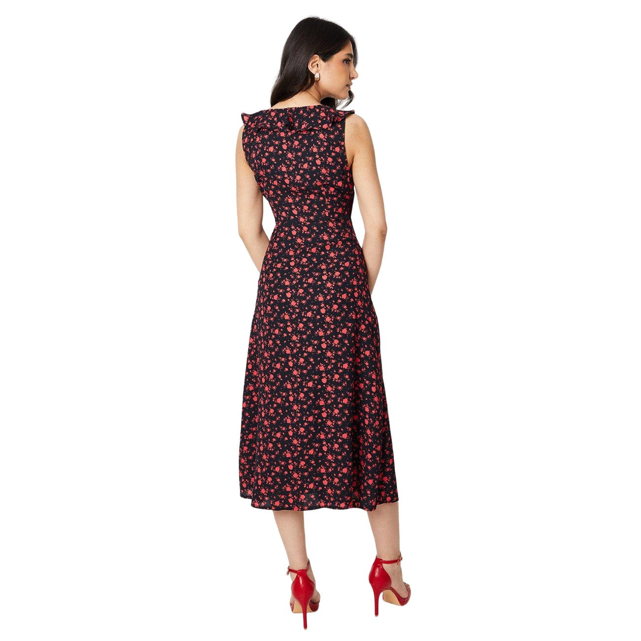 Pink - Back - Dorothy Perkins Womens-Ladies Ditsy Print Frill Neck Midi Dress