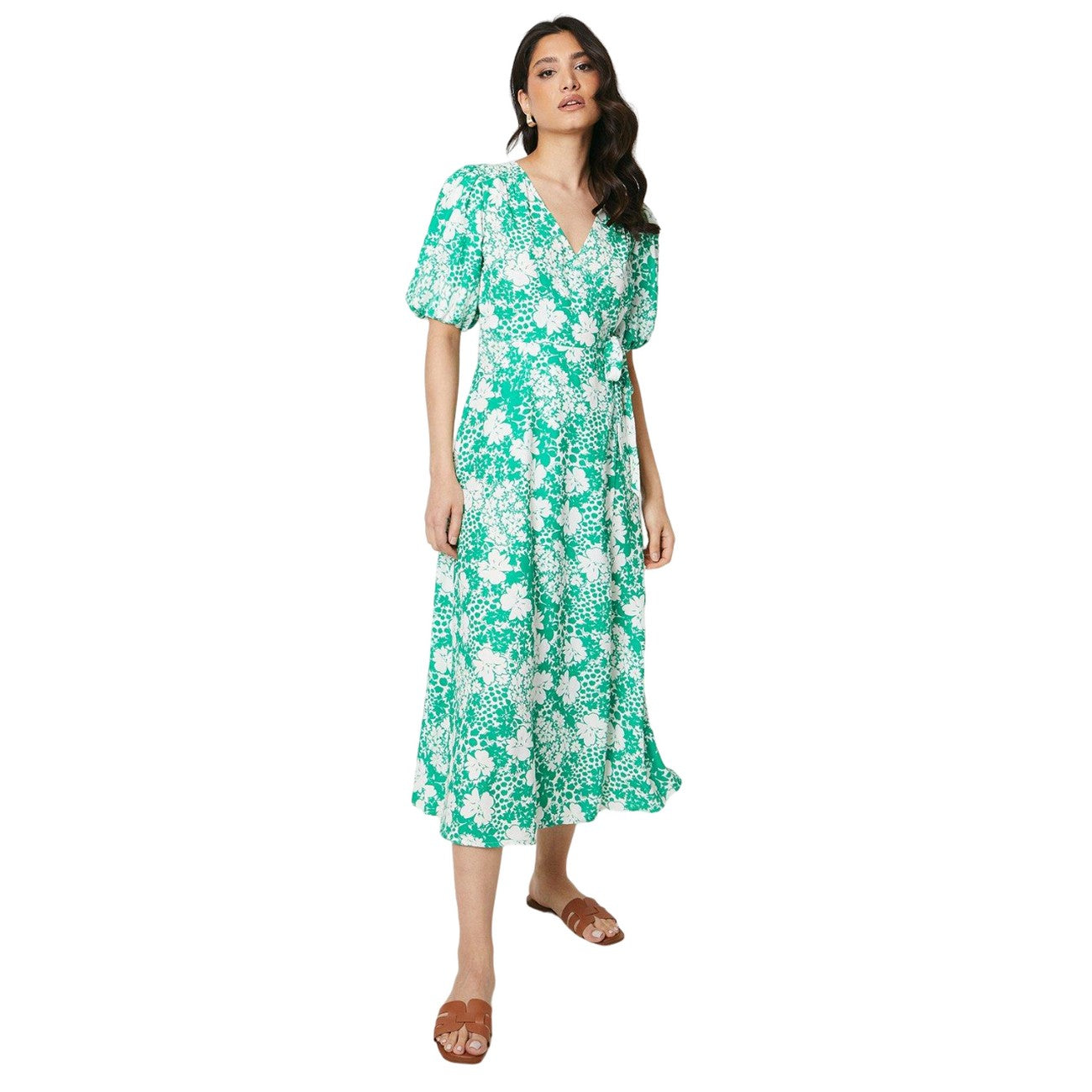 Green-White - Front - Dorothy Perkins Womens-Ladies Ditsy Print Wrap Puff Sleeve Midi Dress