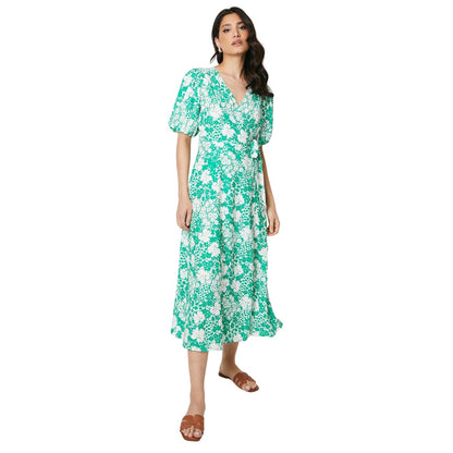 Green-White - Front - Dorothy Perkins Womens-Ladies Ditsy Print Wrap Puff Sleeve Midi Dress