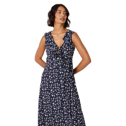 Navy - Side - Dorothy Perkins Womens-Ladies Ditsy Print Frill Neck Midi Dress