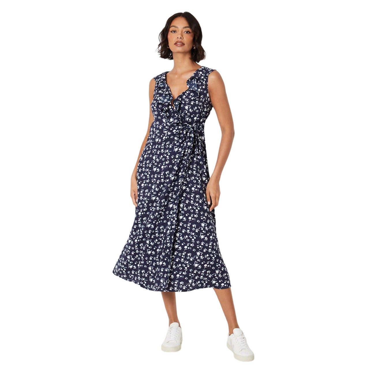 Navy - Front - Dorothy Perkins Womens-Ladies Ditsy Print Frill Neck Midi Dress