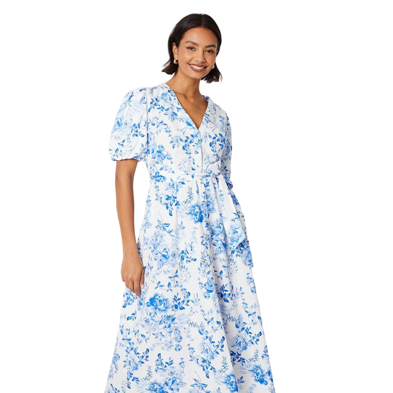 White-Blue - Side - Dorothy Perkins Womens-Ladies Floral Button-Down Puff Sleeve Midi Dress