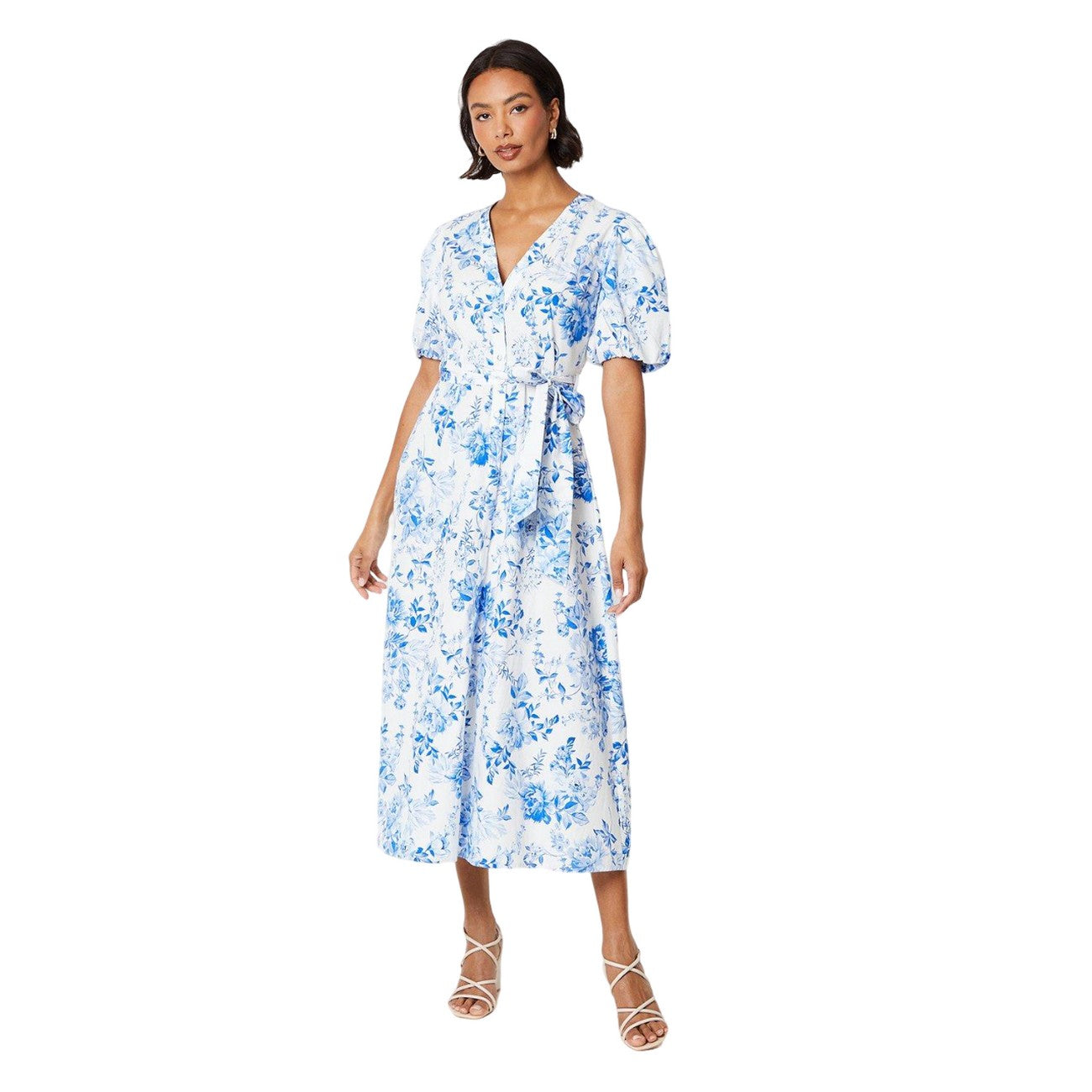 White-Blue - Front - Dorothy Perkins Womens-Ladies Floral Button-Down Puff Sleeve Midi Dress