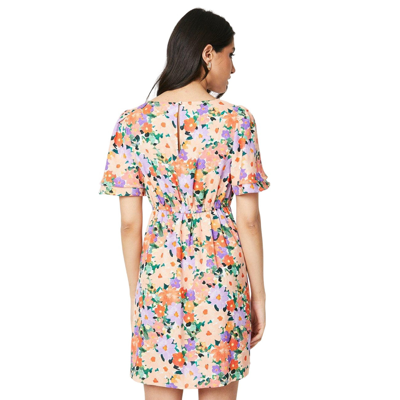 Multicoloured - Back - Dorothy Perkins Womens-Ladies Floral Empire Seam Angel Sleeve Mini Dress
