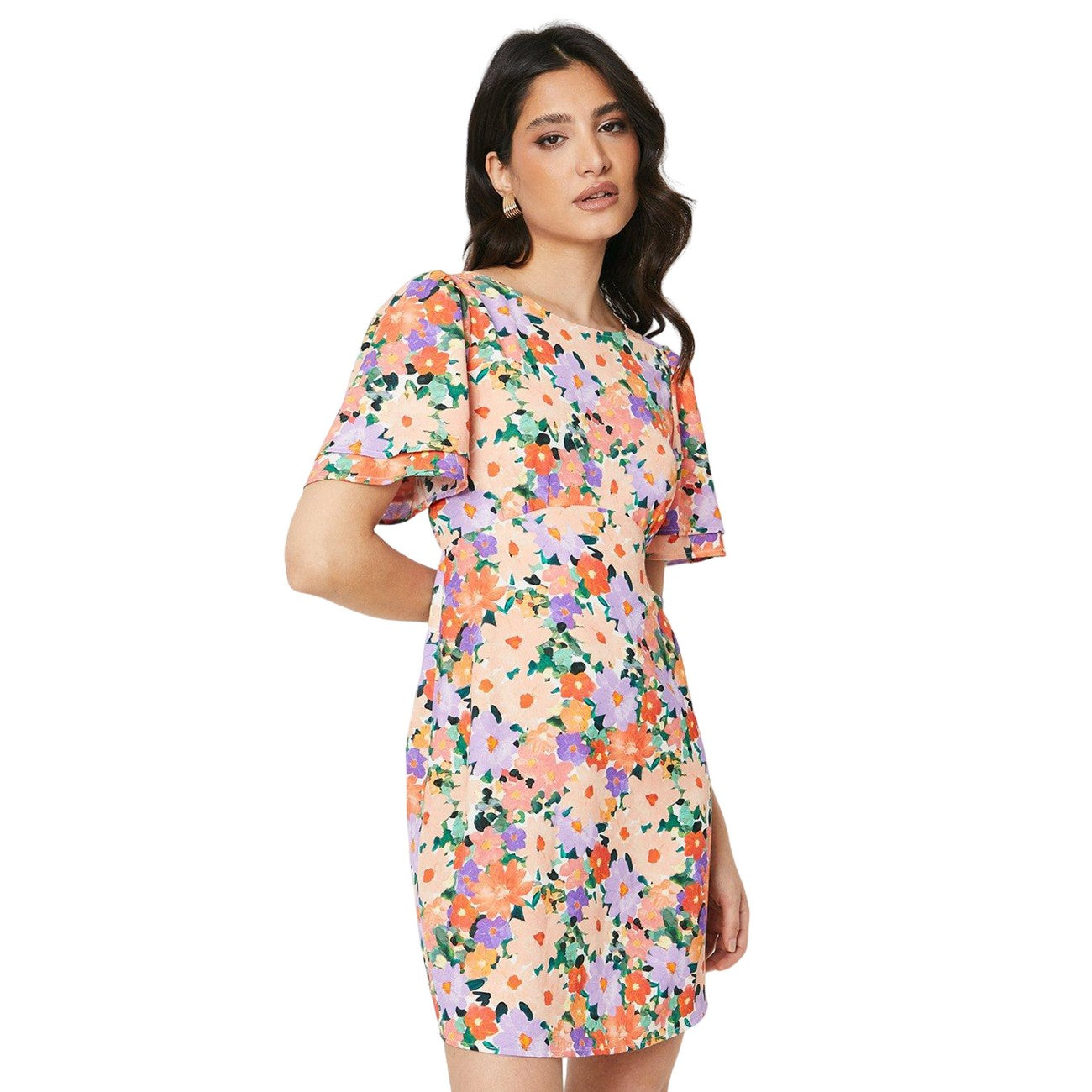Multicoloured - Front - Dorothy Perkins Womens-Ladies Floral Empire Seam Angel Sleeve Mini Dress