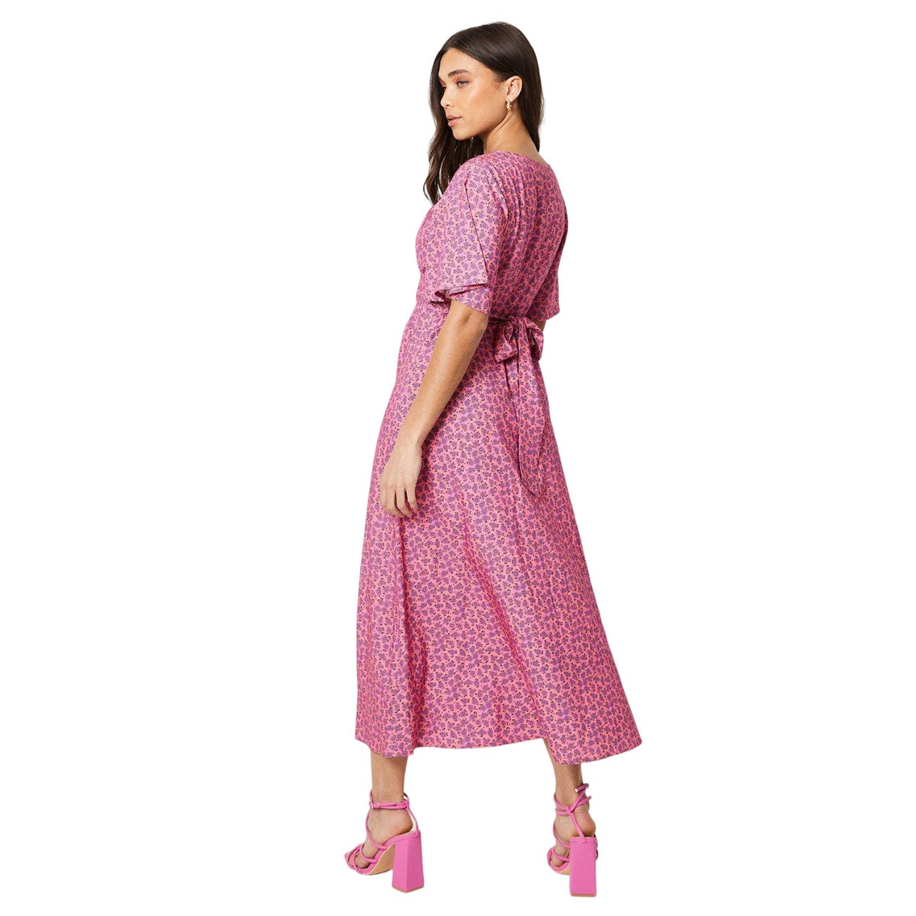 Pink - Back - Dorothy Perkins Womens-Ladies Ditsy Print Petite Flutter Midi Dress