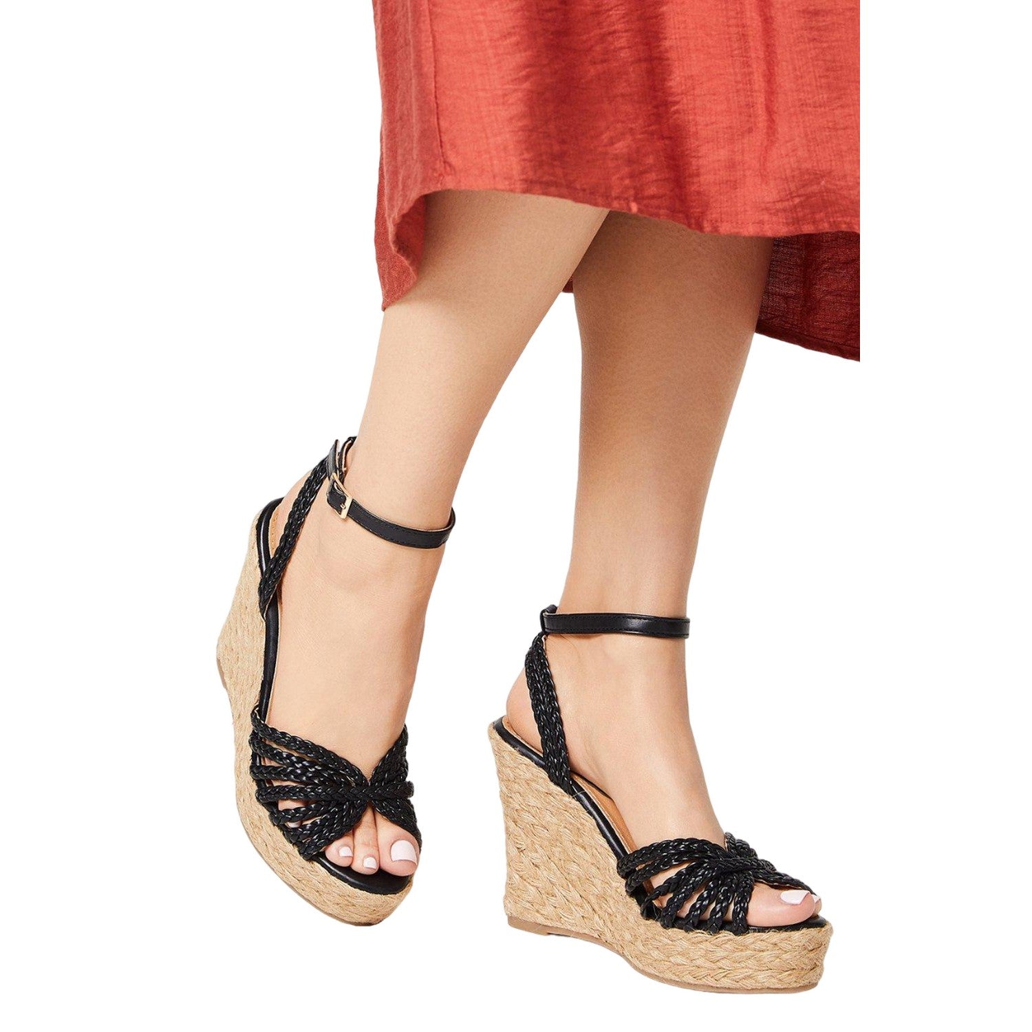 Black - Side - Faith Womens-Ladies Plaited High Wedge Espadrilles