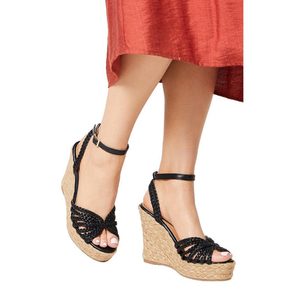 Black - Side - Faith Womens-Ladies Plaited High Wedge Espadrilles