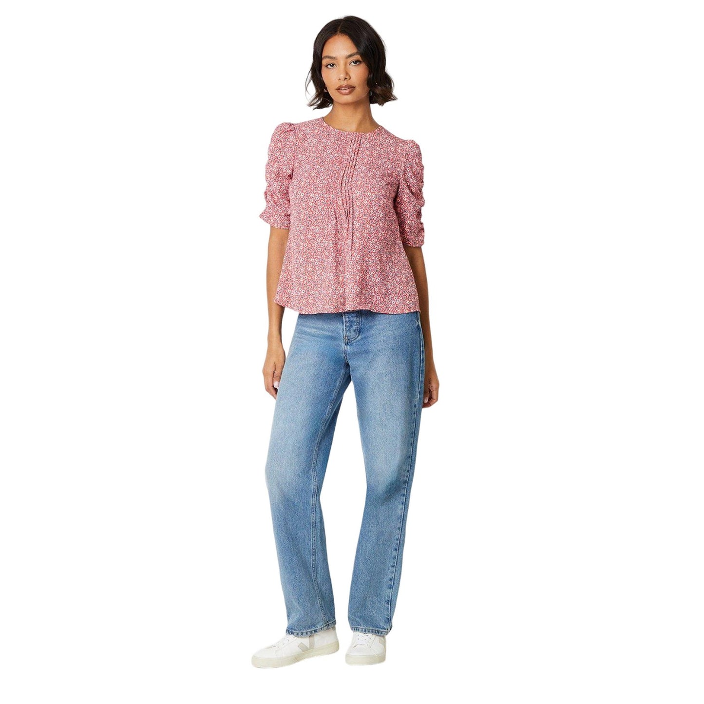 Red - Side - Dorothy Perkins Womens-Ladies Ditsy Print Ruched Front Puff Sleeve Blouse