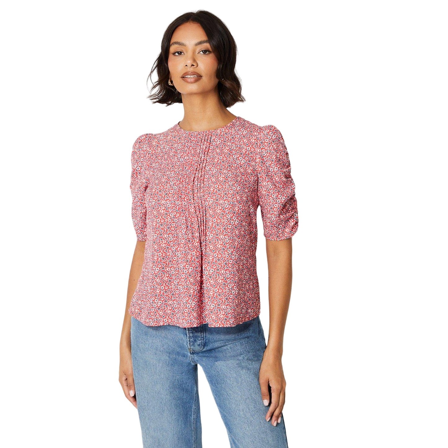 Red - Front - Dorothy Perkins Womens-Ladies Ditsy Print Ruched Front Puff Sleeve Blouse