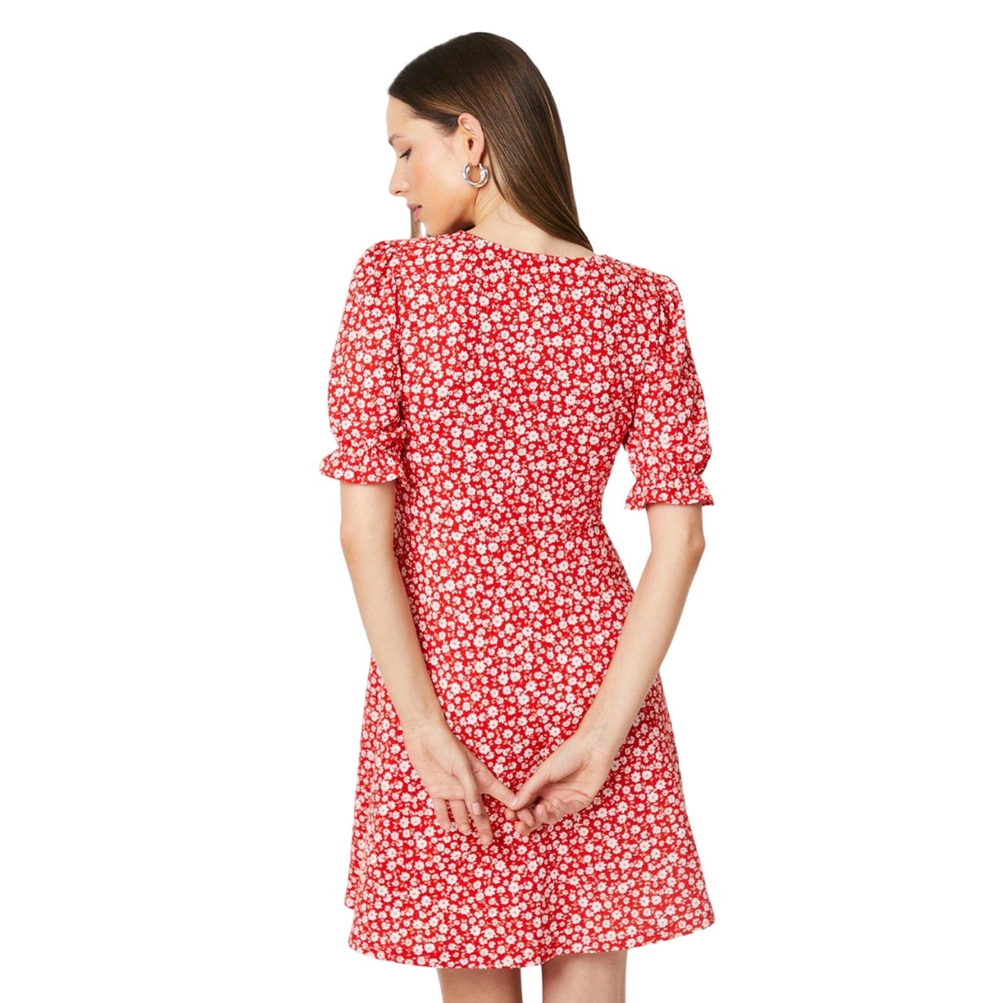Red - Back - Dorothy Perkins Womens-Ladies Ditsy Print V Neck Short-Sleeved Mini Dress