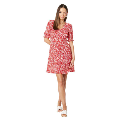 Red - Side - Dorothy Perkins Womens-Ladies Ditsy Print V Neck Short-Sleeved Mini Dress