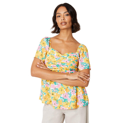 Yellow-Pink - Front - Dorothy Perkins Womens-Ladies Floral Pintuck Blouse