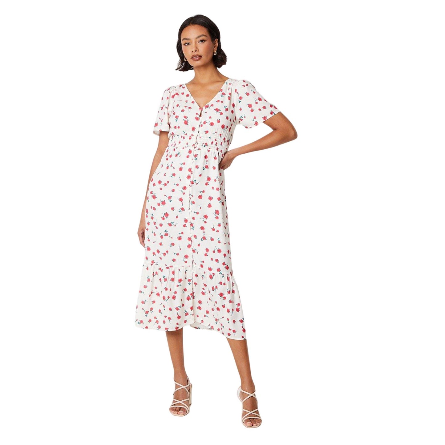 Red-White - Side - Dorothy Perkins Womens-Ladies Rose Button Front Midi Dress
