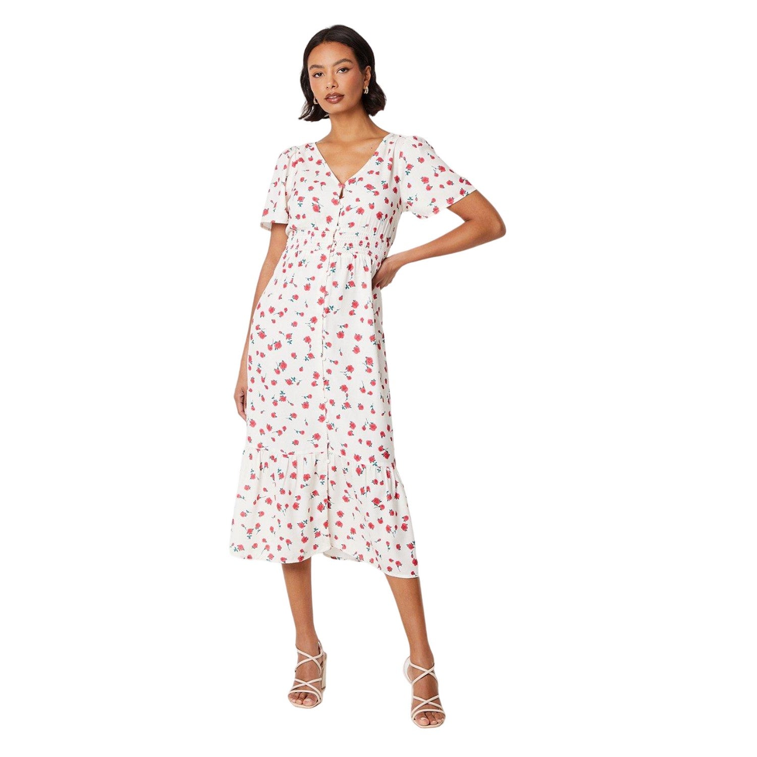 Red-White - Side - Dorothy Perkins Womens-Ladies Rose Button Front Midi Dress