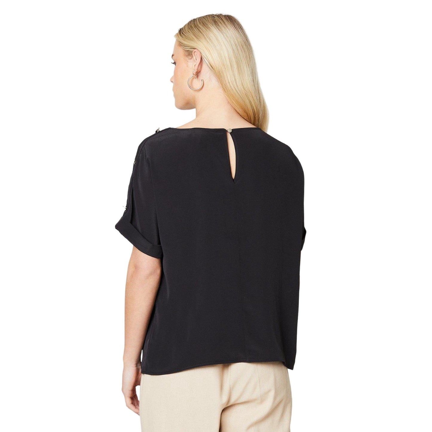 Black - Back - Dorothy Perkins Womens-Ladies Button Shoulder Petite Roll Sleeve Blouse