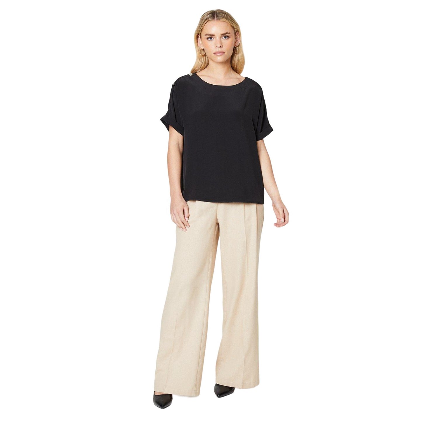 Black - Side - Dorothy Perkins Womens-Ladies Button Shoulder Petite Roll Sleeve Blouse