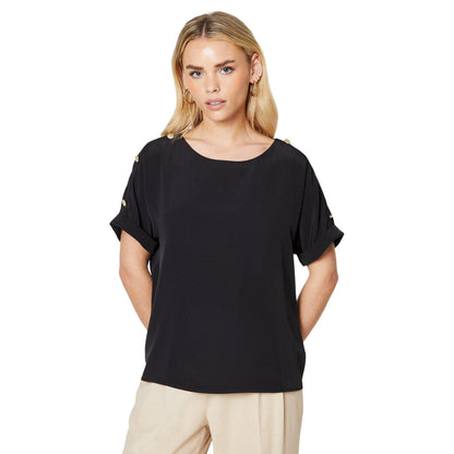 Black - Front - Dorothy Perkins Womens-Ladies Button Shoulder Petite Roll Sleeve Blouse