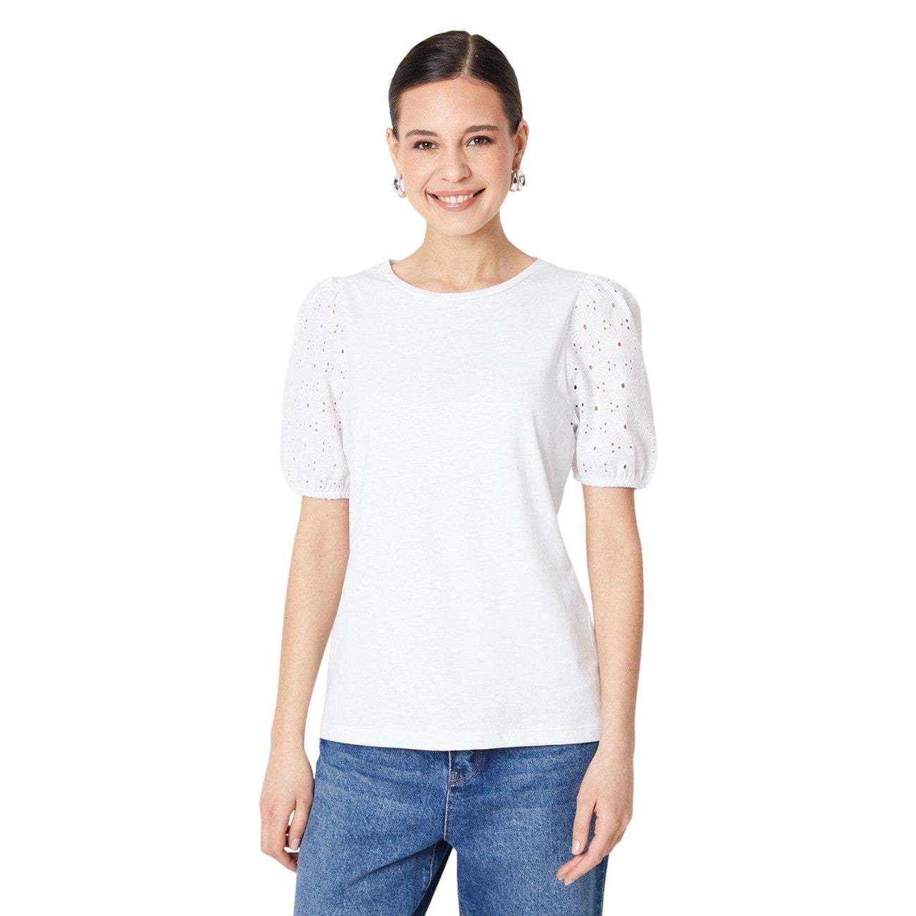 White - Front - Dorothy Perkins Womens-Ladies Broderie Puffed T-Shirt