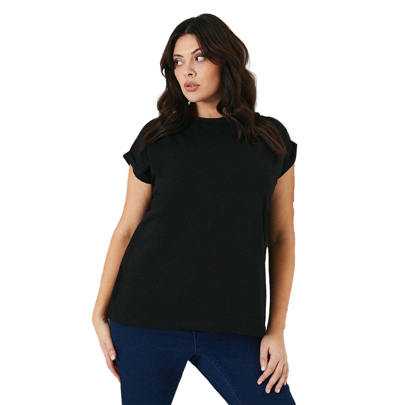 Black - Front - Dorothy Perkins Womens-Ladies Cotton Curved Roll Sleeve T-Shirt