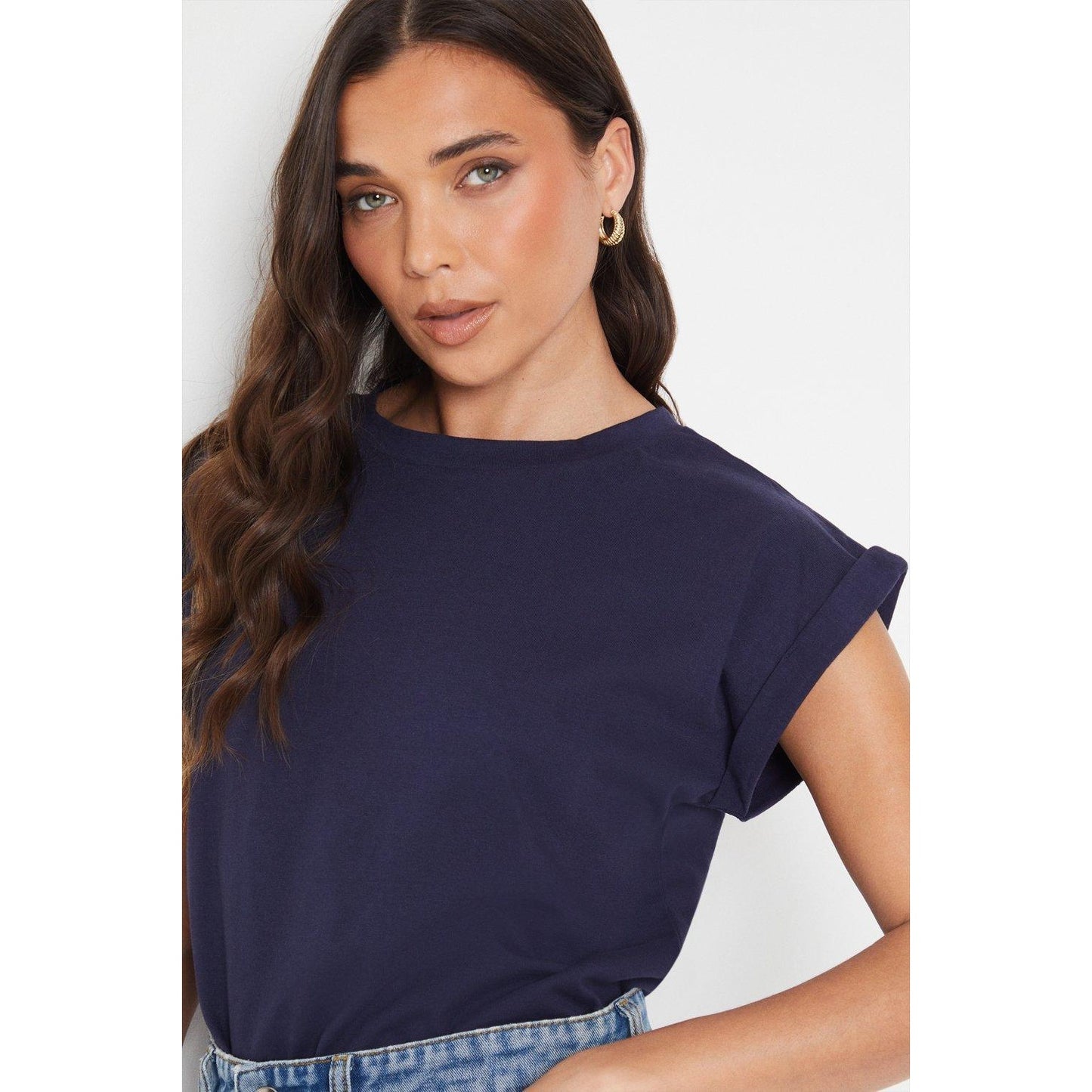 Navy - Front - Dorothy Perkins Womens-Ladies Cotton Petite Roll Sleeve T-Shirt