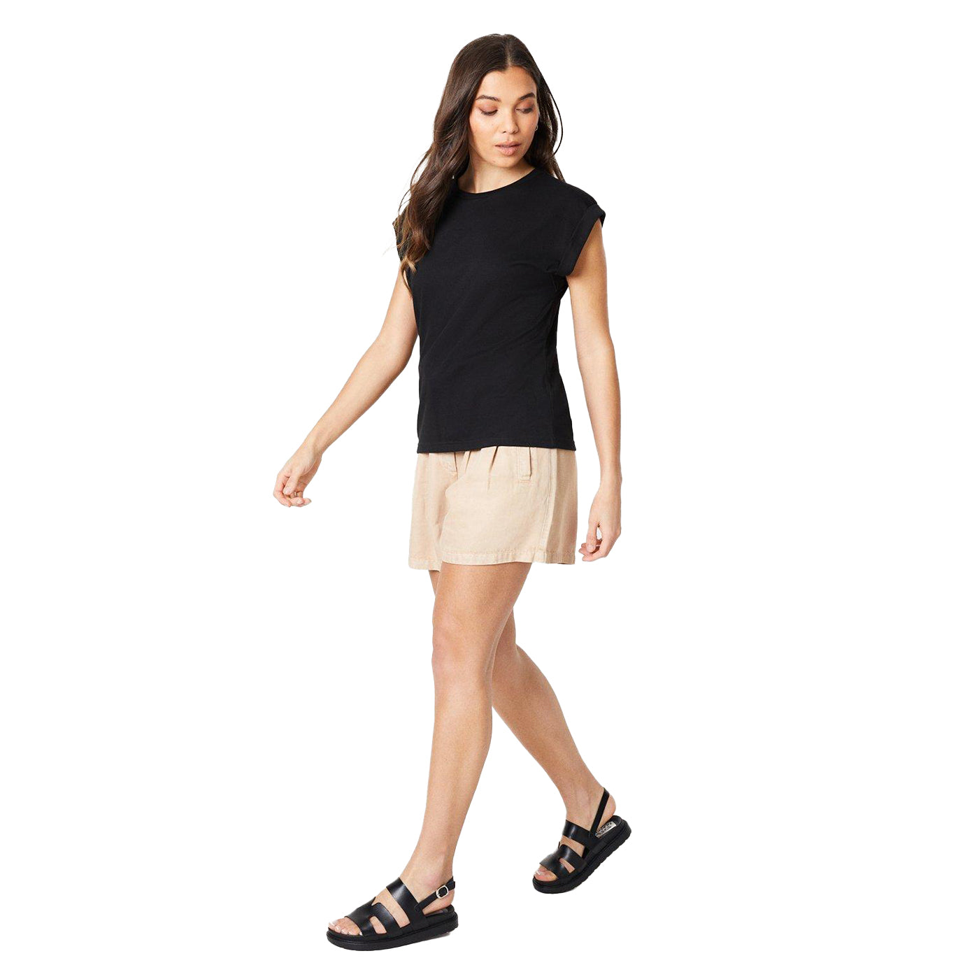 Black - Side - Dorothy Perkins Womens-Ladies Cotton Petite Roll Sleeve T-Shirt