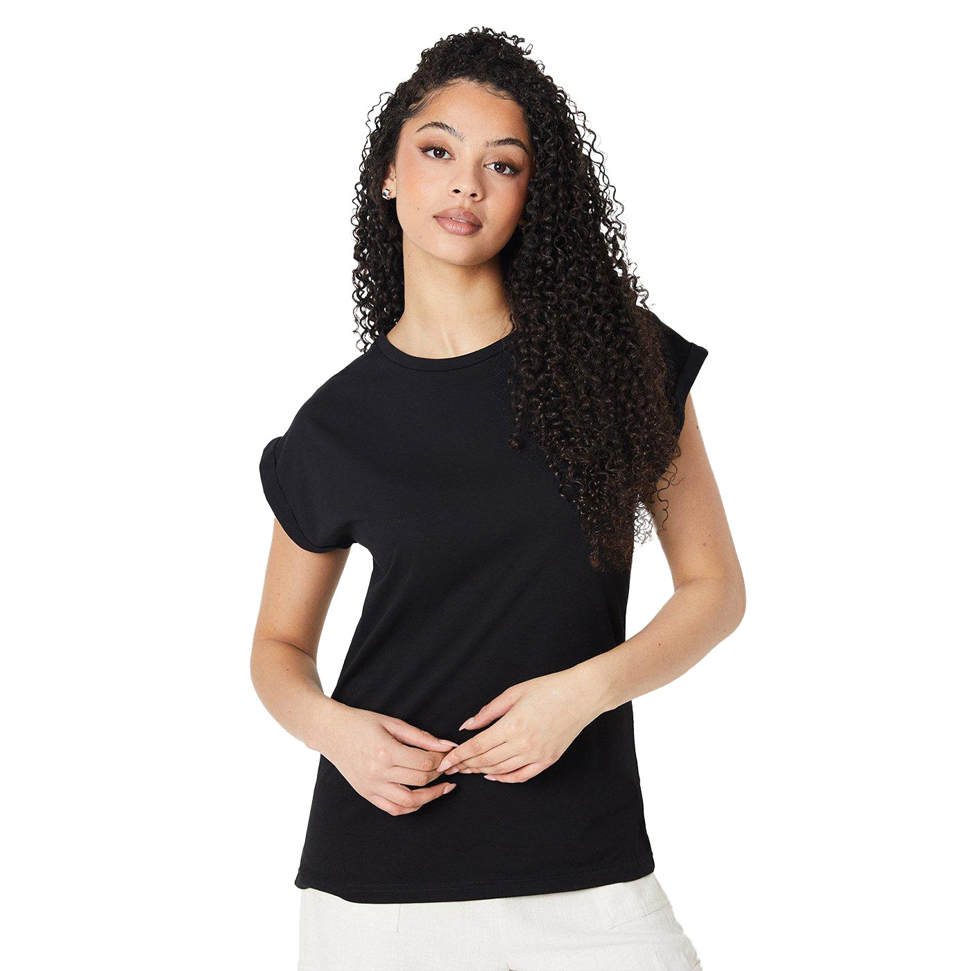 Black - Front - Dorothy Perkins Womens-Ladies Cotton Tall Roll Sleeve T-Shirt