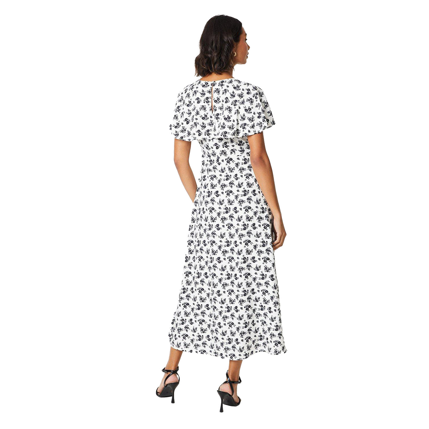 Monochrome - Back - Dorothy Perkins Womens-Ladies Floral Capped Sleeved Midi Dress