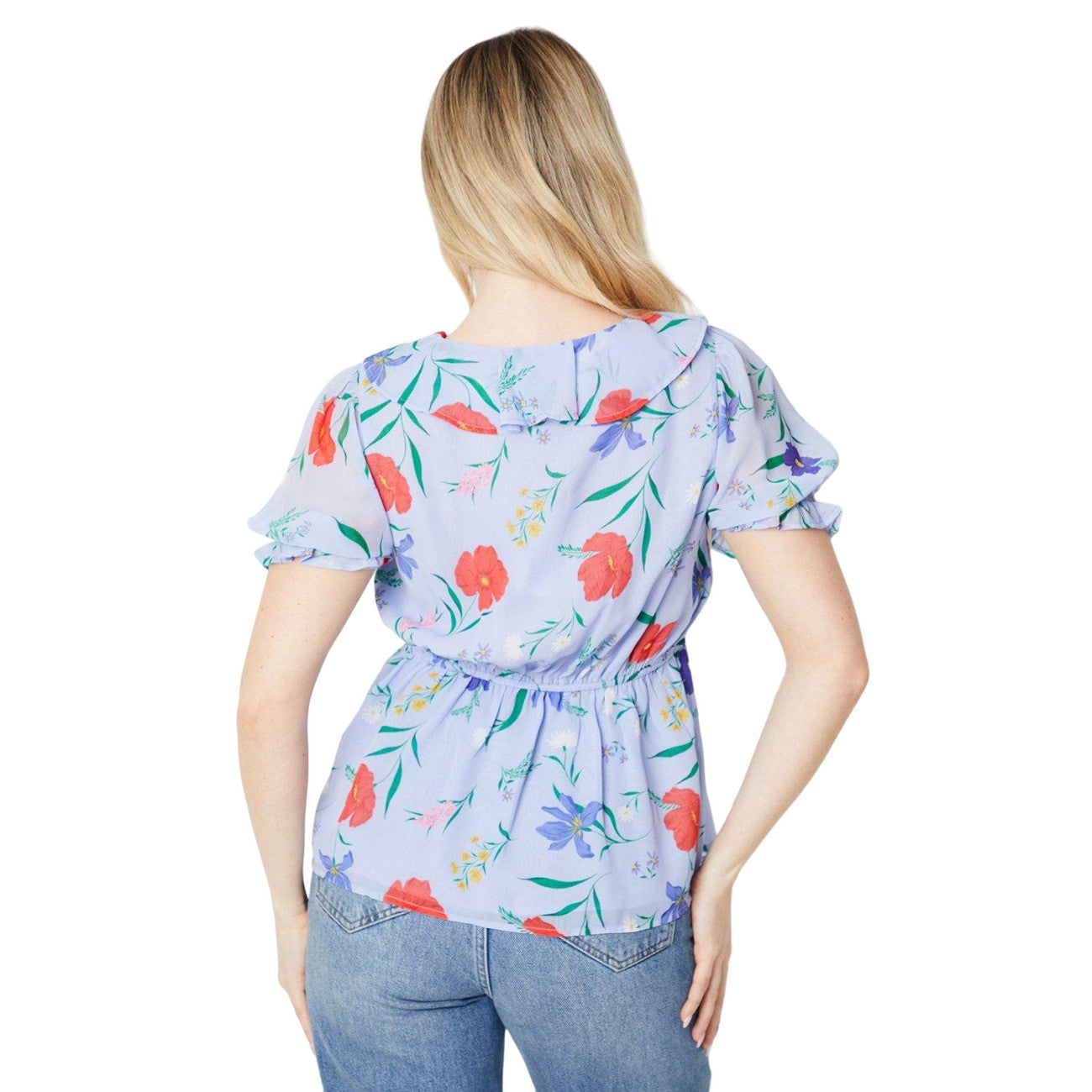 Blue - Back - Dorothy Perkins Womens-Ladies Floral Frill Neck Puff Sleeve Blouse