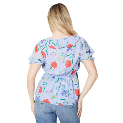 Blue - Back - Dorothy Perkins Womens-Ladies Floral Frill Neck Puff Sleeve Blouse