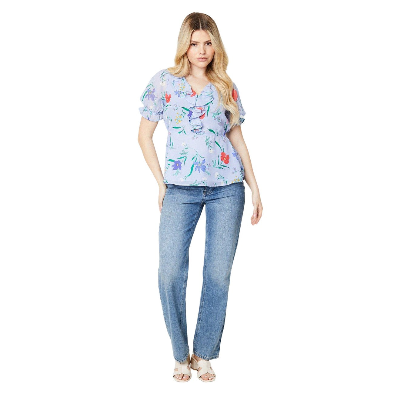 Blue - Side - Dorothy Perkins Womens-Ladies Floral Frill Neck Puff Sleeve Blouse
