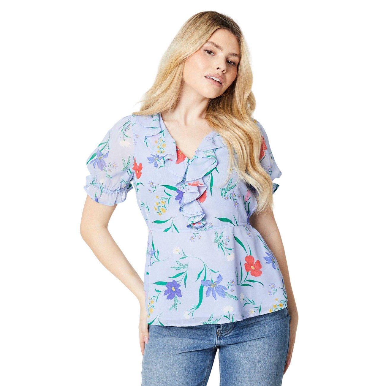 Blue - Front - Dorothy Perkins Womens-Ladies Floral Frill Neck Puff Sleeve Blouse