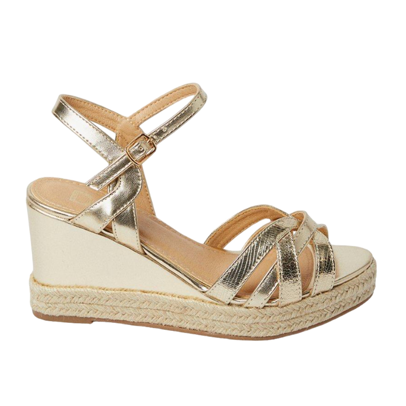 Gold - Back - Dorothy Perkins Womens-Ladies Riri Curved Strap Extra Wide Wedges
