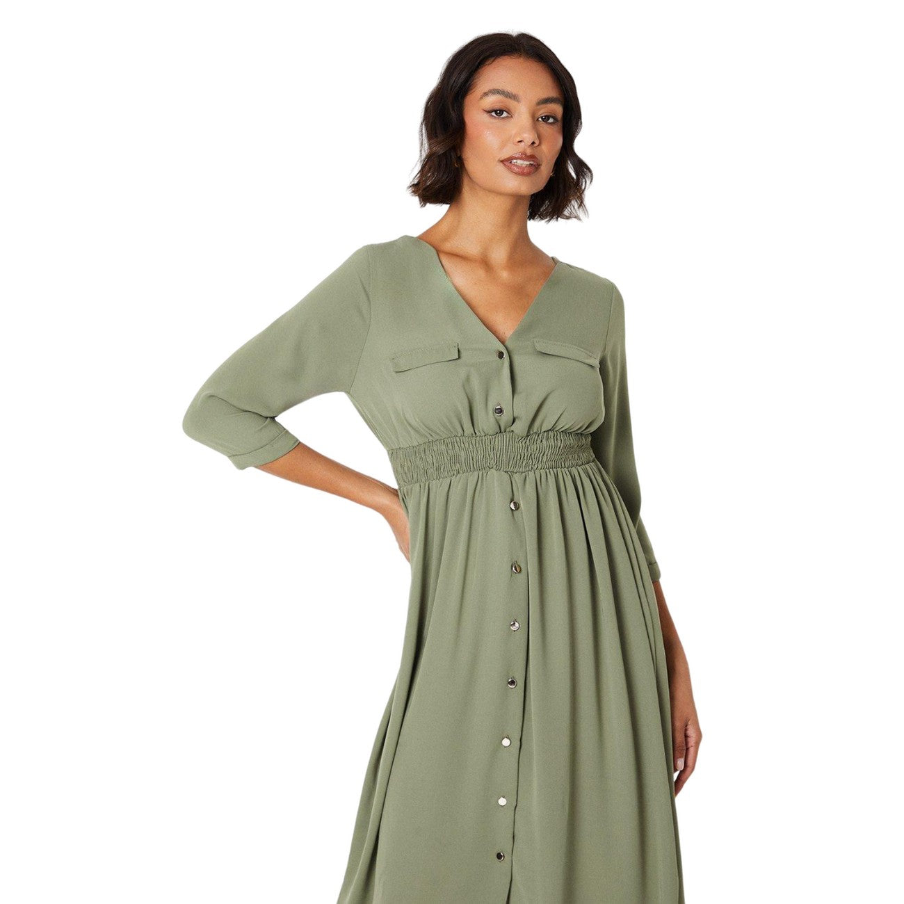 Khaki Green - Side - Dorothy Perkins Womens-Ladies Shirred Waist Midi Dress