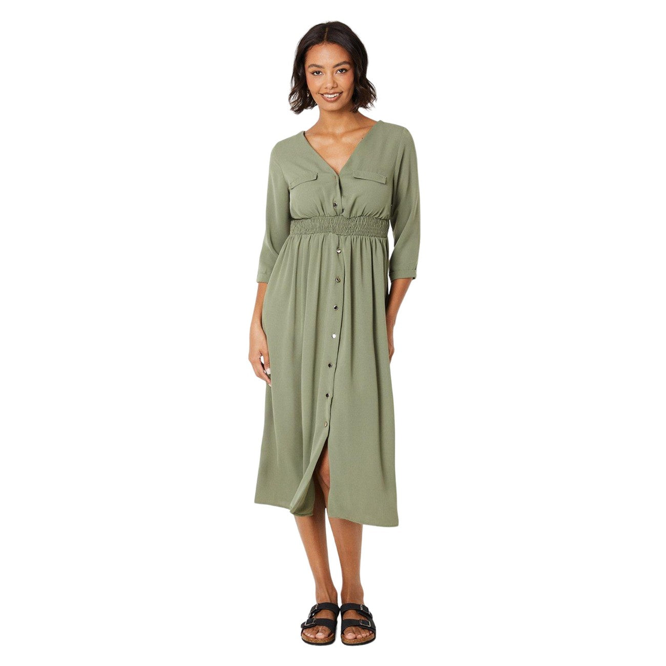 Khaki Green - Front - Dorothy Perkins Womens-Ladies Shirred Waist Midi Dress
