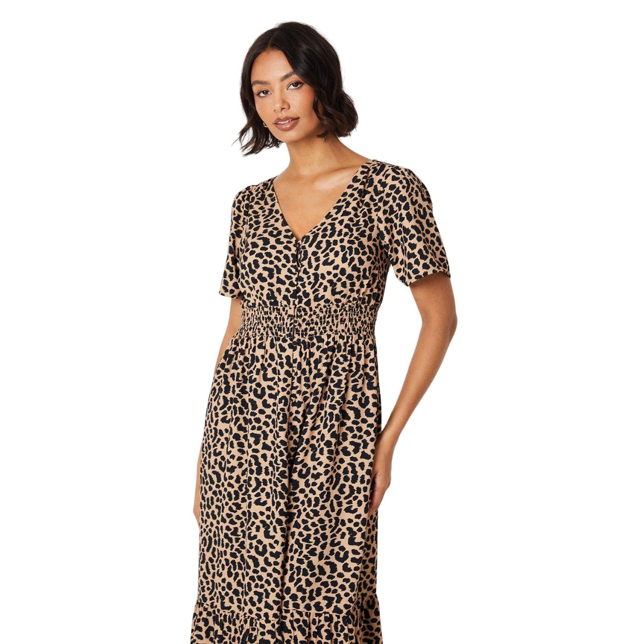 Brown-Black - Side - Dorothy Perkins Womens-Ladies Animal Print Shirred Waist Midi Dress