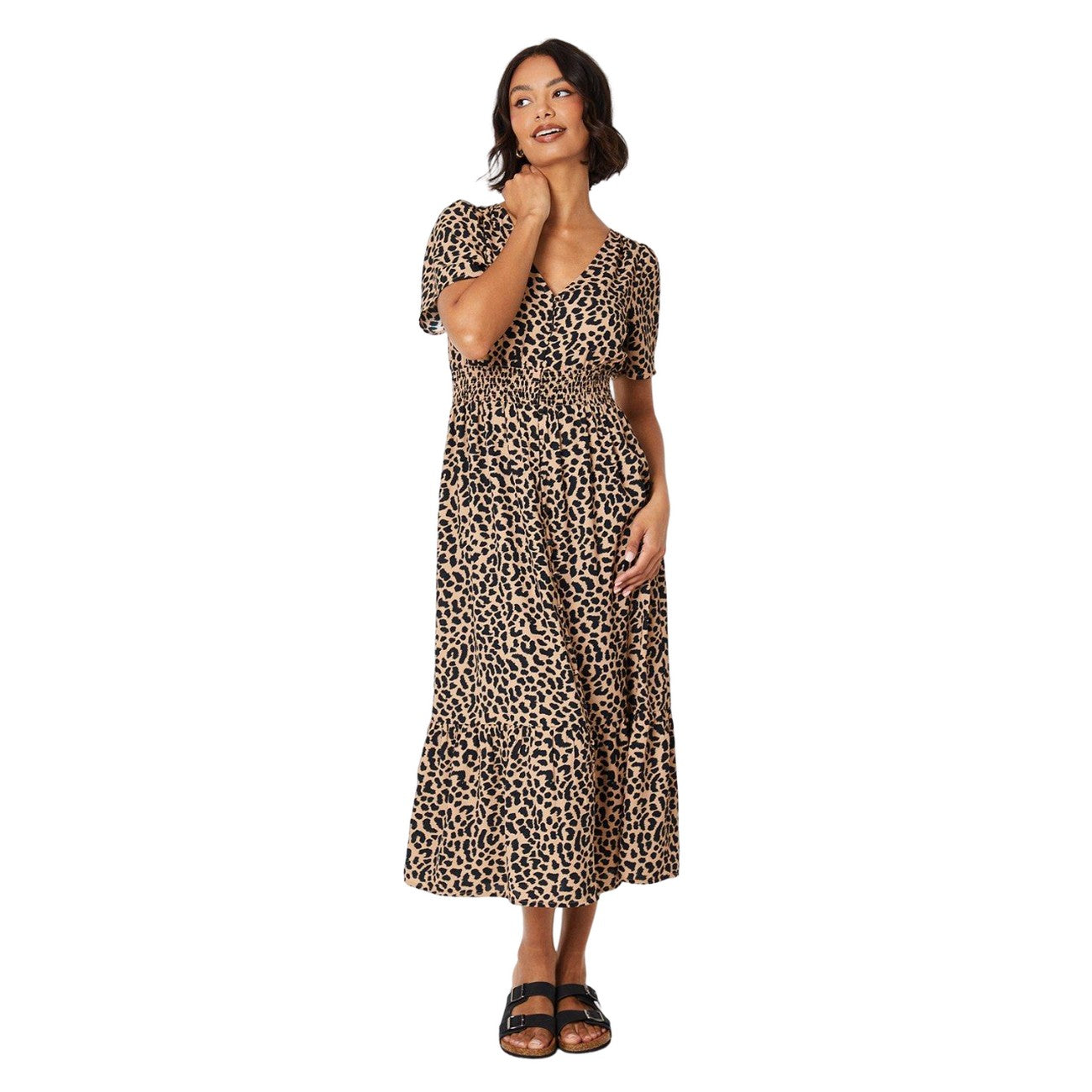 Brown-Black - Front - Dorothy Perkins Womens-Ladies Animal Print Shirred Waist Midi Dress
