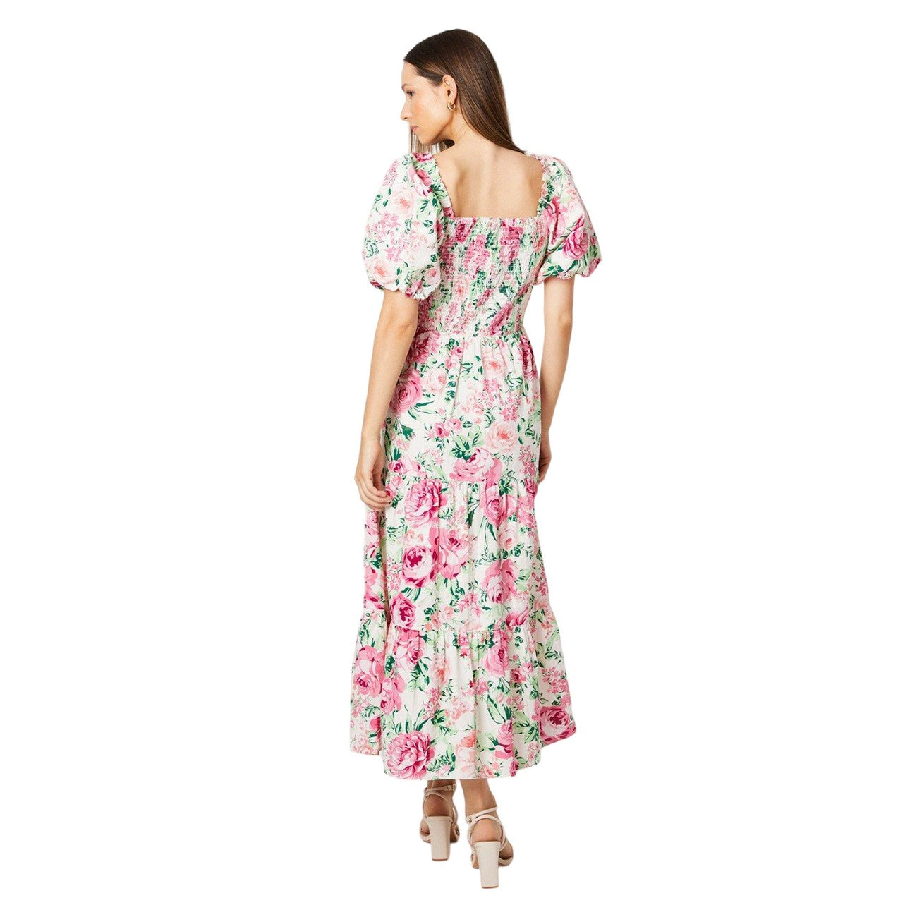 White-Pink-Green - Back - Dorothy Perkins Womens-Ladies Rose Shirred Bodice Puff Sleeve Midi Dress