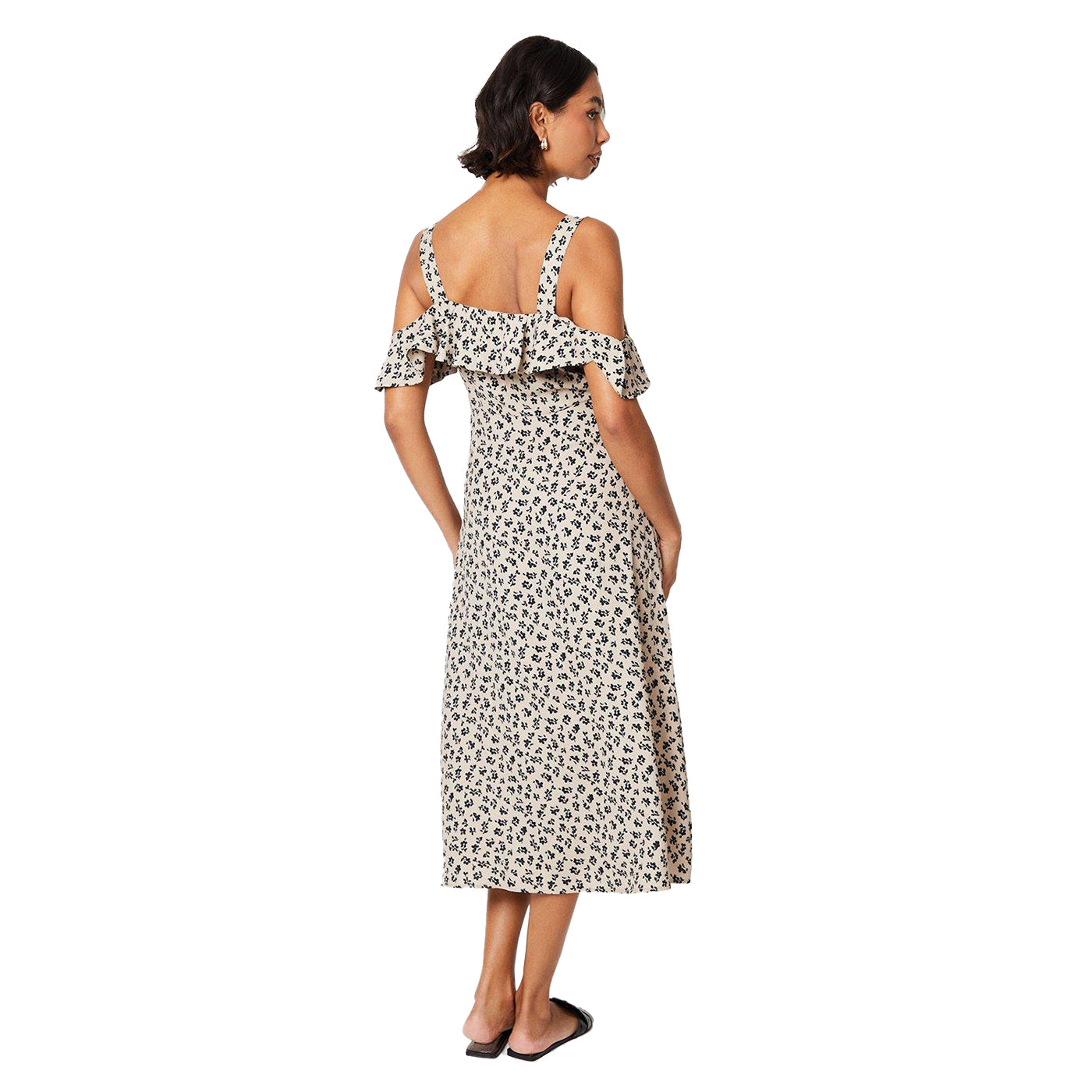 Beige - Back - Dorothy Perkins Womens-Ladies Ditsy Print Bardot Ruffle Midi Dress