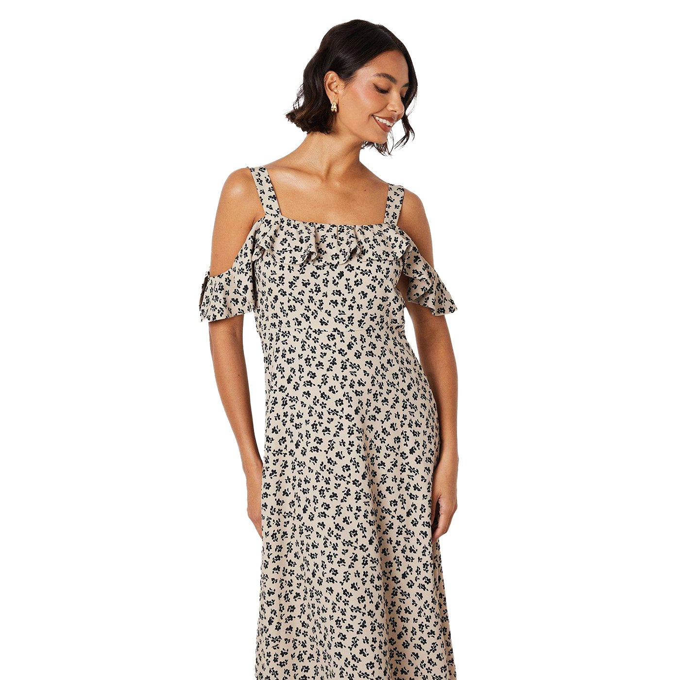 Beige - Pack Shot - Dorothy Perkins Womens-Ladies Ditsy Print Bardot Ruffle Midi Dress