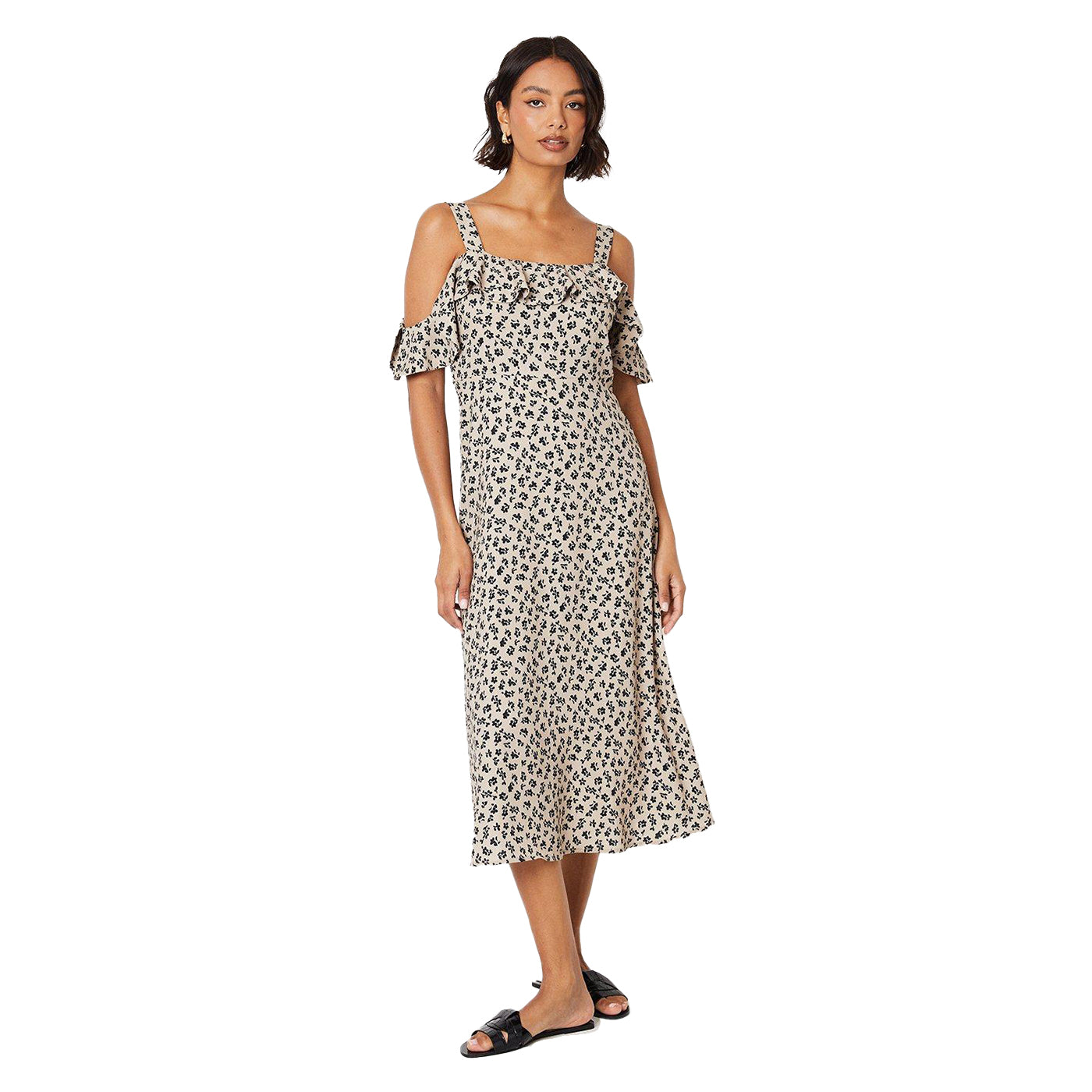 Beige - Front - Dorothy Perkins Womens-Ladies Ditsy Print Bardot Ruffle Midi Dress
