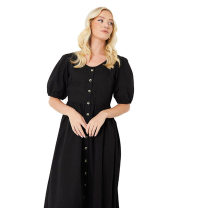 Black - Side - Dorothy Perkins Womens-Ladies Button Front Puff Sleeve Midi Dress